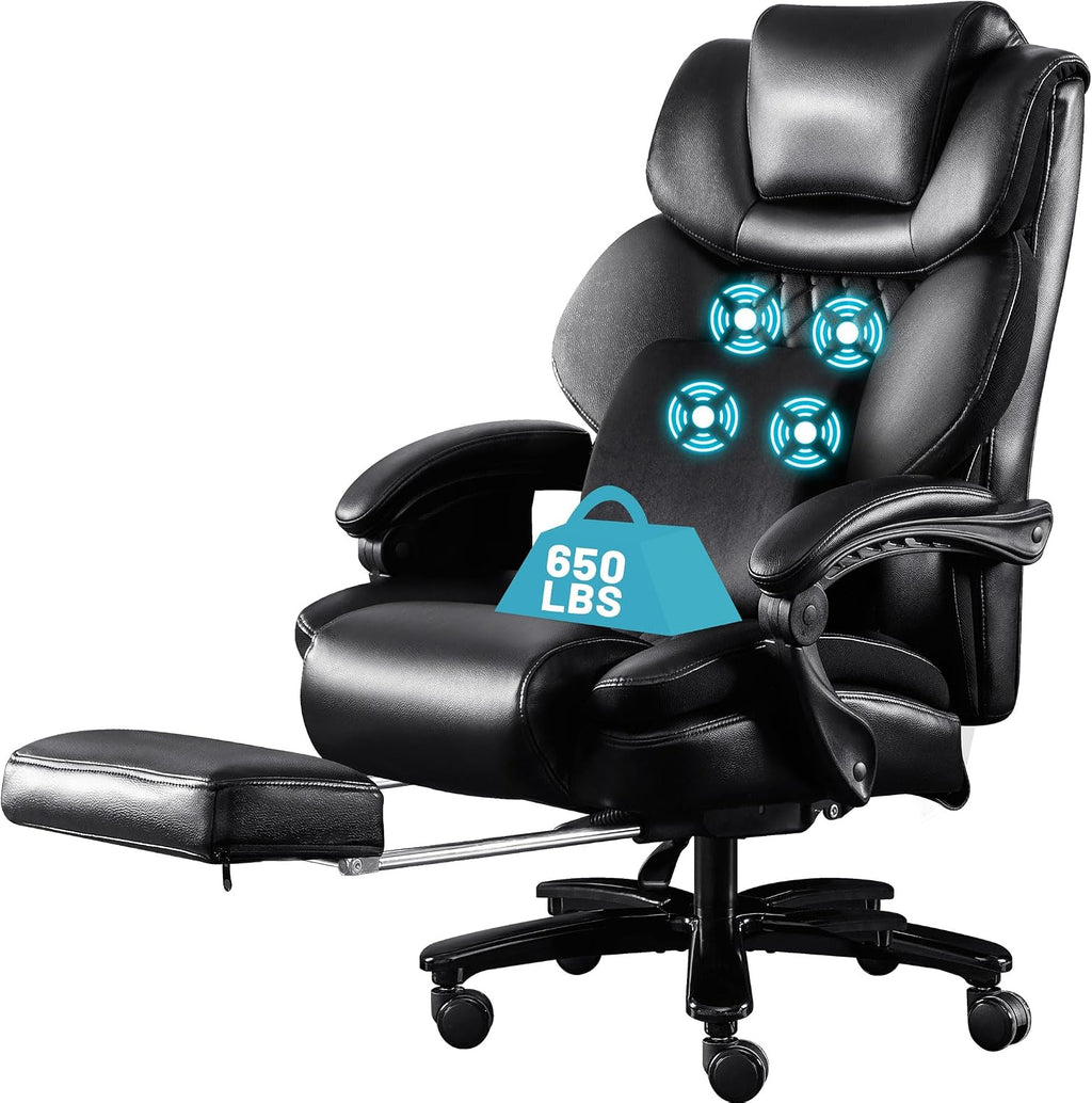 650LBS Massage Office Chair, PU Big and Tall Office Chairs with Vibration Kneading 4-Points, Oversized Ergonomic Reclining Executive Chair with Footrest, High Back Thick Cushion Gaming Chair,Black