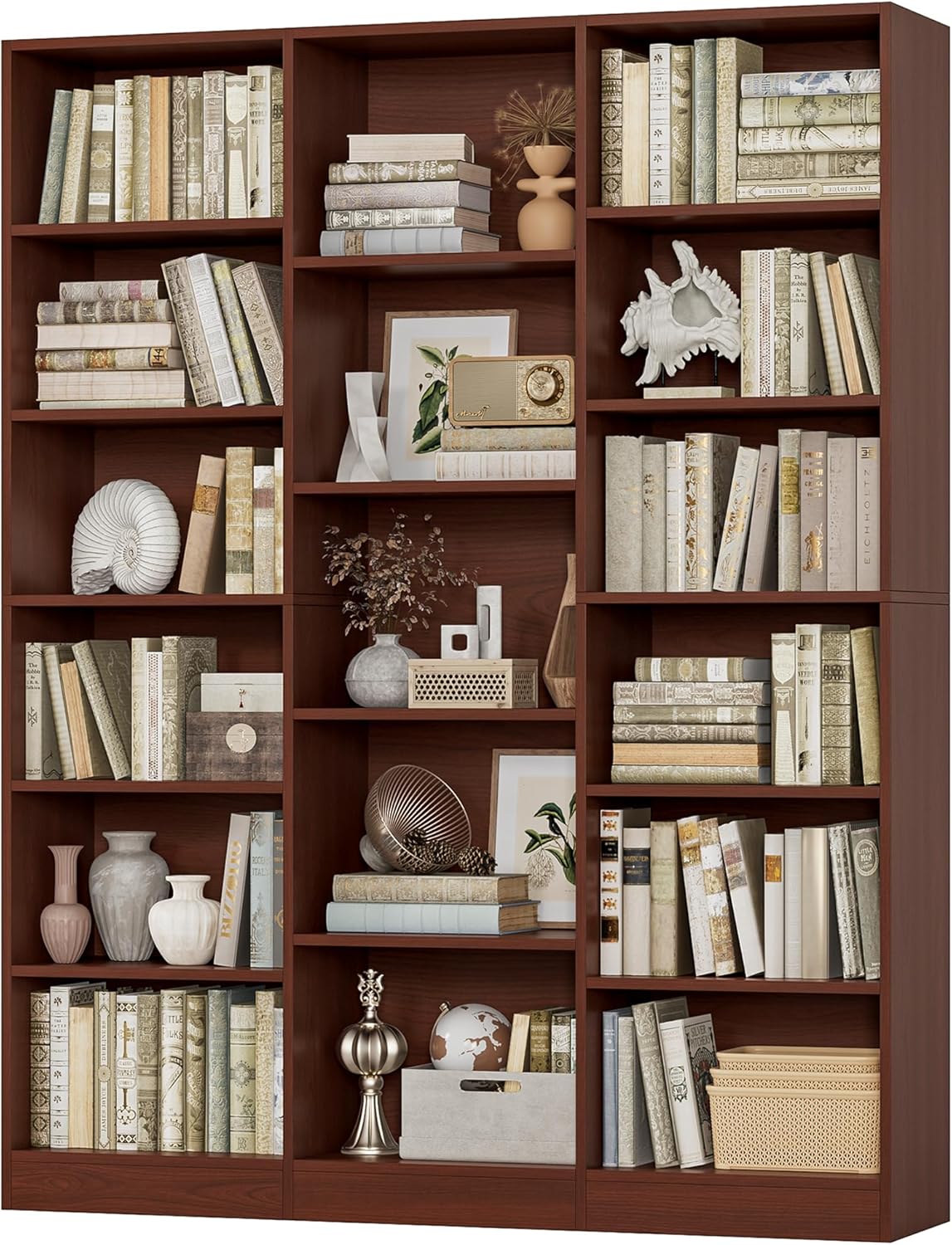 FACBOTALL Triple Wide Bookshelf, 6 Tier Large Bookshelf, Bookcase with 17 Open Display Shelves, 74'' Tall Bookcases and Bookshelves for Living Room, Home Office, Library, Cherry