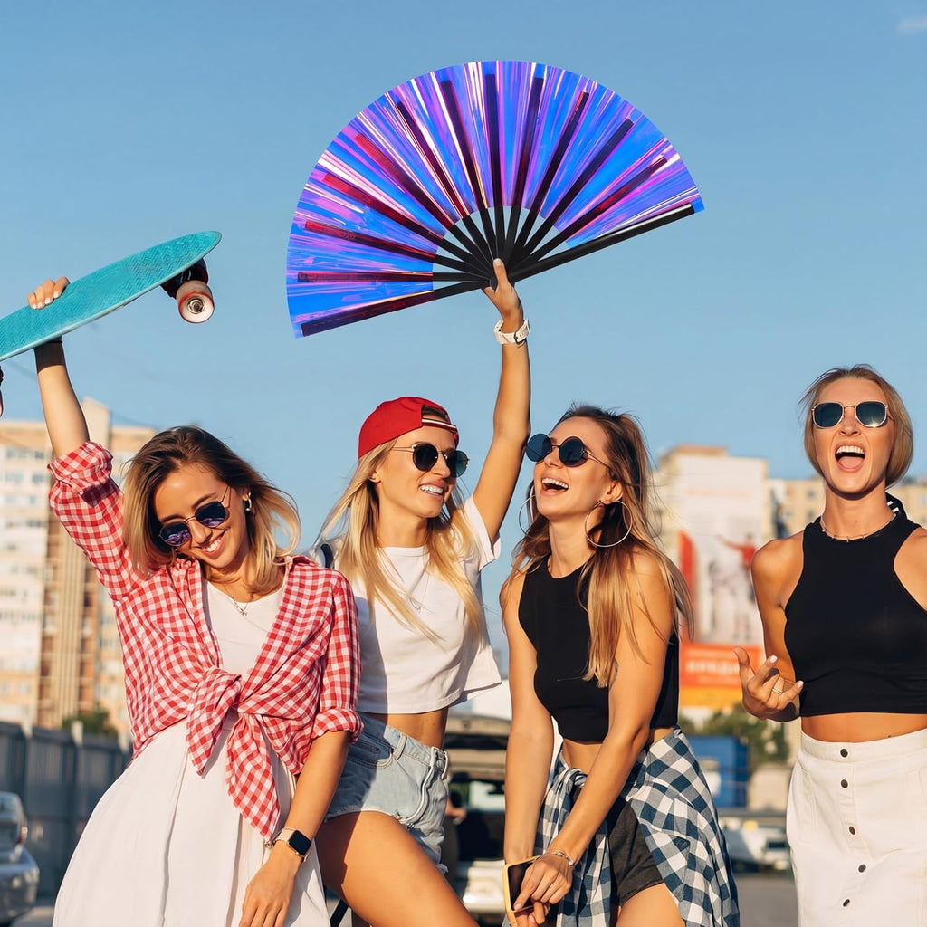 FairySandy Large Rave Fan UV Glow Clack Summer Hand Fan with Thigh Holster for Women Carnival Party Supplies for Carnival Edm Music Festival Club Accessories(Purple Laser,Laser Color)