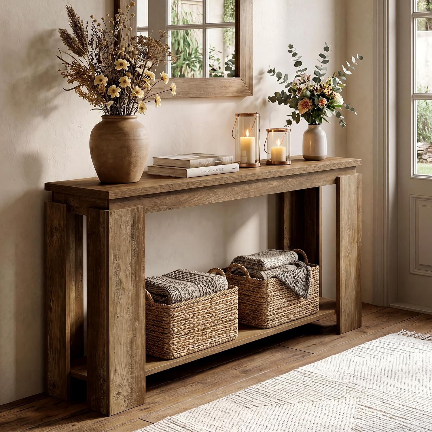 LITTLE TREE Long Entryway Table, 63-Inch Narrow Farmhouse Console Sofa Table for Behind Couch, Hallway, Entry Way, Entrance, Foyer, Living Room with 2-Tier Shelves, Vintage Brown