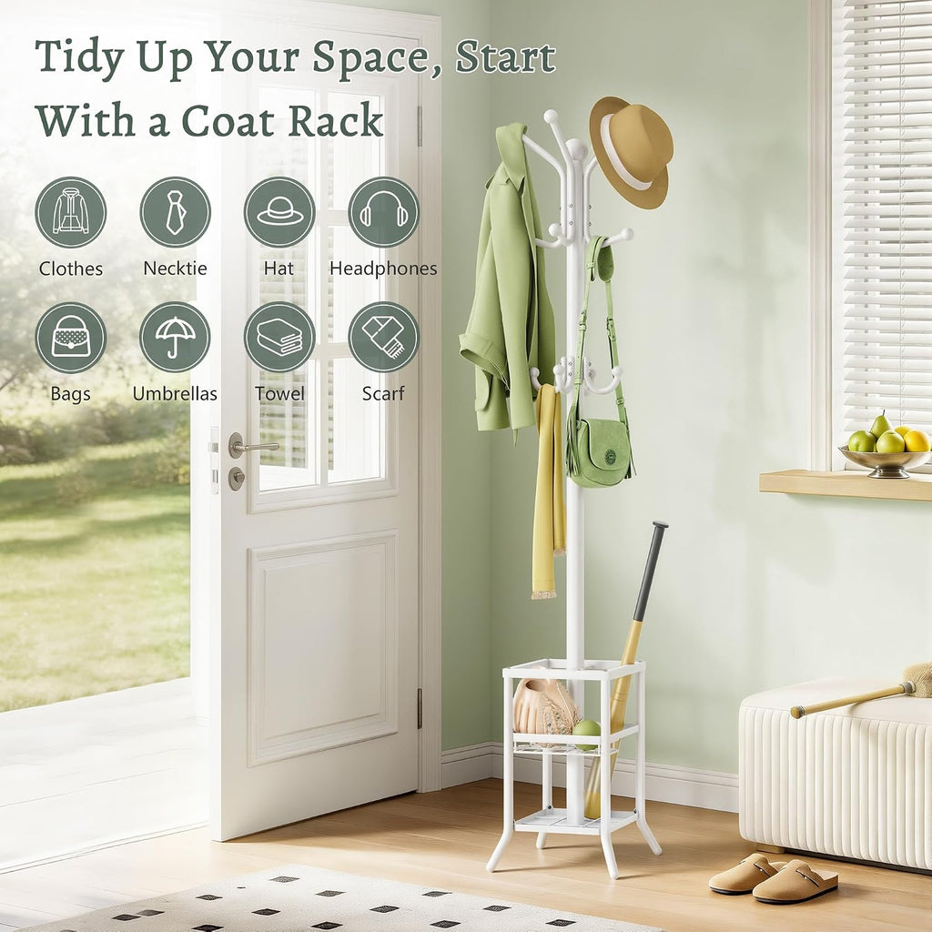FAVOOSTY Coat Rack Freestanding,Coat Rack Stand with Umbrella Holder,Metal Coat Tree with 12 Hooks,Tree Clothes Hat for Entryway, Hallway, Bedroom, Living Room & Office -White