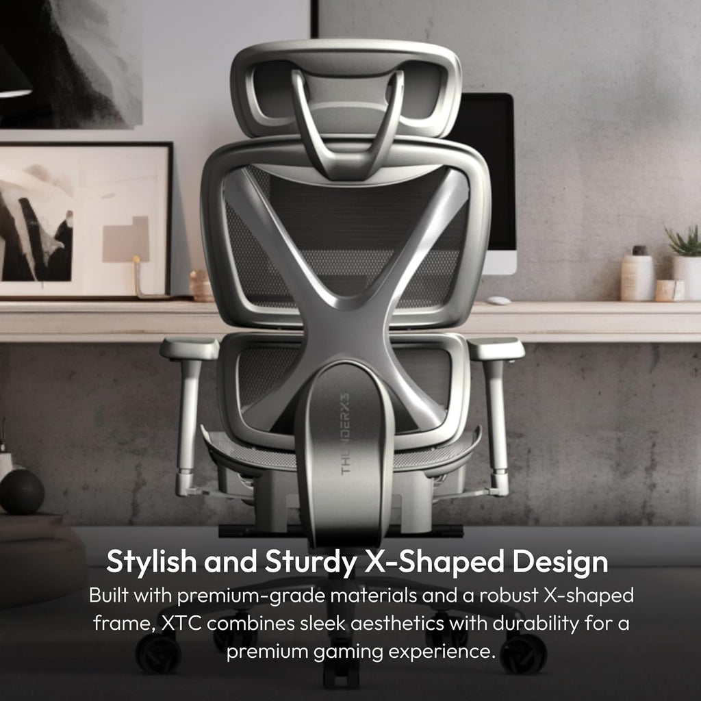 ThunderX3 XTC Ergonomic Office Chair, for Adults Gaming Chair, High Back Desk Chair, Synchronous Tilt, Self-Adjusting Lumbar Support and Backrest, Adjustable Headrest, Breathable Mesh, Grey