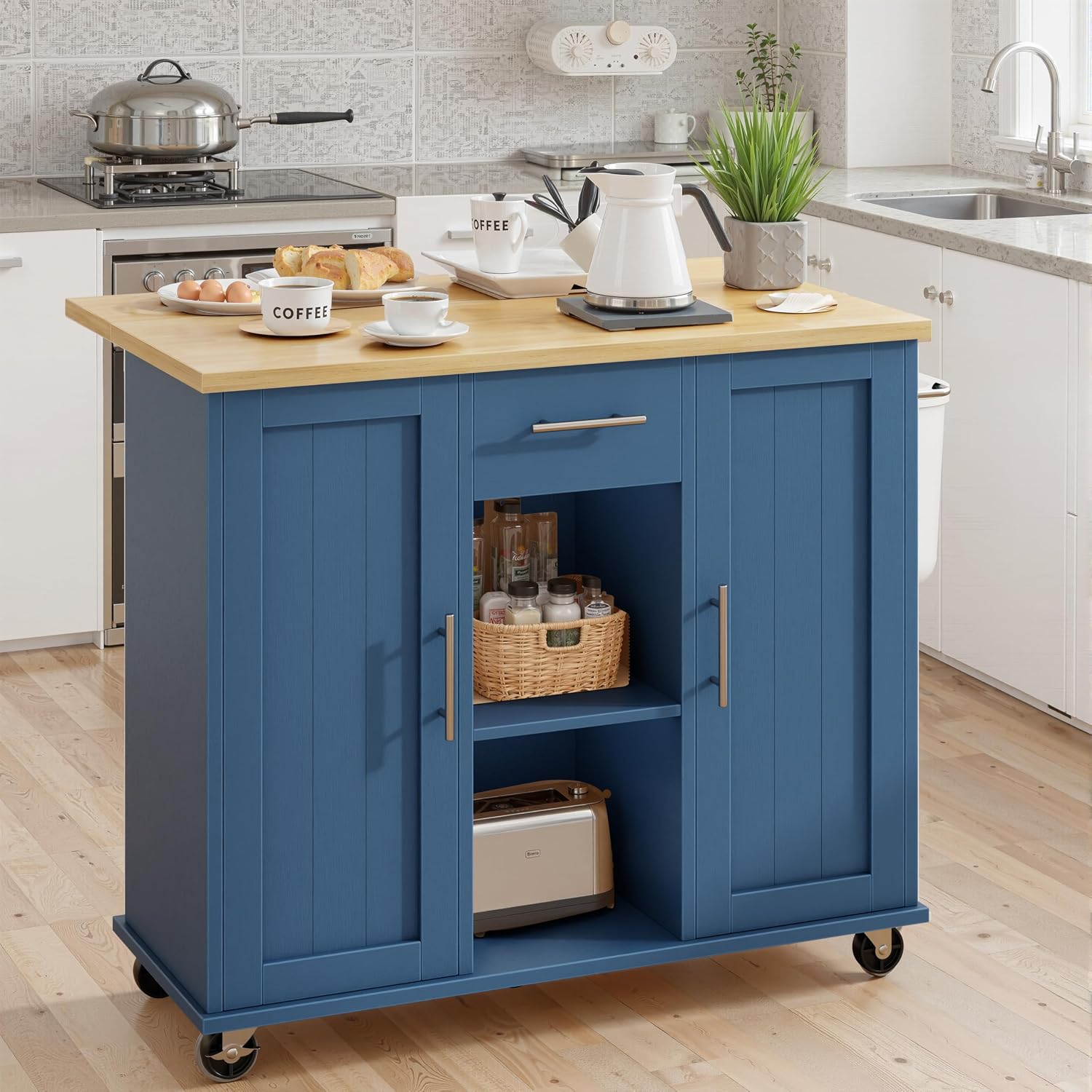 SUNLEI Rolling Kitchen Island Cart with Wheels, Island Table for Kitchen, Farmhouse Kitchen Cart with Drop Leaf & Towel Rack & Drawer, Kitchen Islands Table with Storage Cabinet, Blue