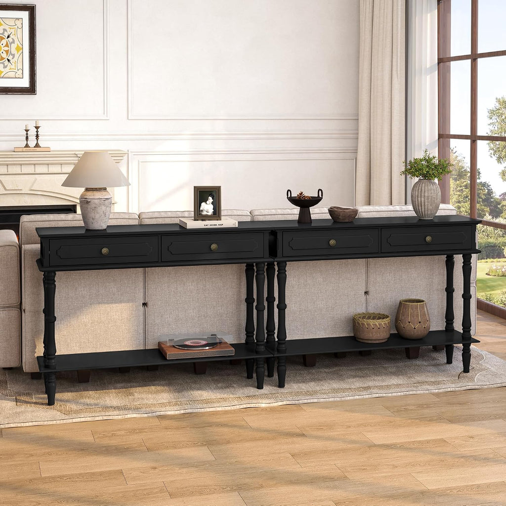 Console Table with 2 Drawers & Open Shelf, Black Retro Entryway Table with Storage Cabinets, Narrow Long Couch Table Behind Sofa for Living Room, Foyer, Hallway