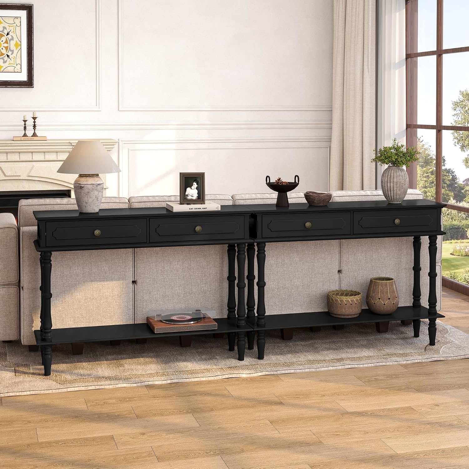 Console Table with 2 Drawers & Open Shelf, Black Retro Entryway Table with Storage Cabinets, Narrow Long Couch Table Behind Sofa for Living Room, Foyer, Hallway