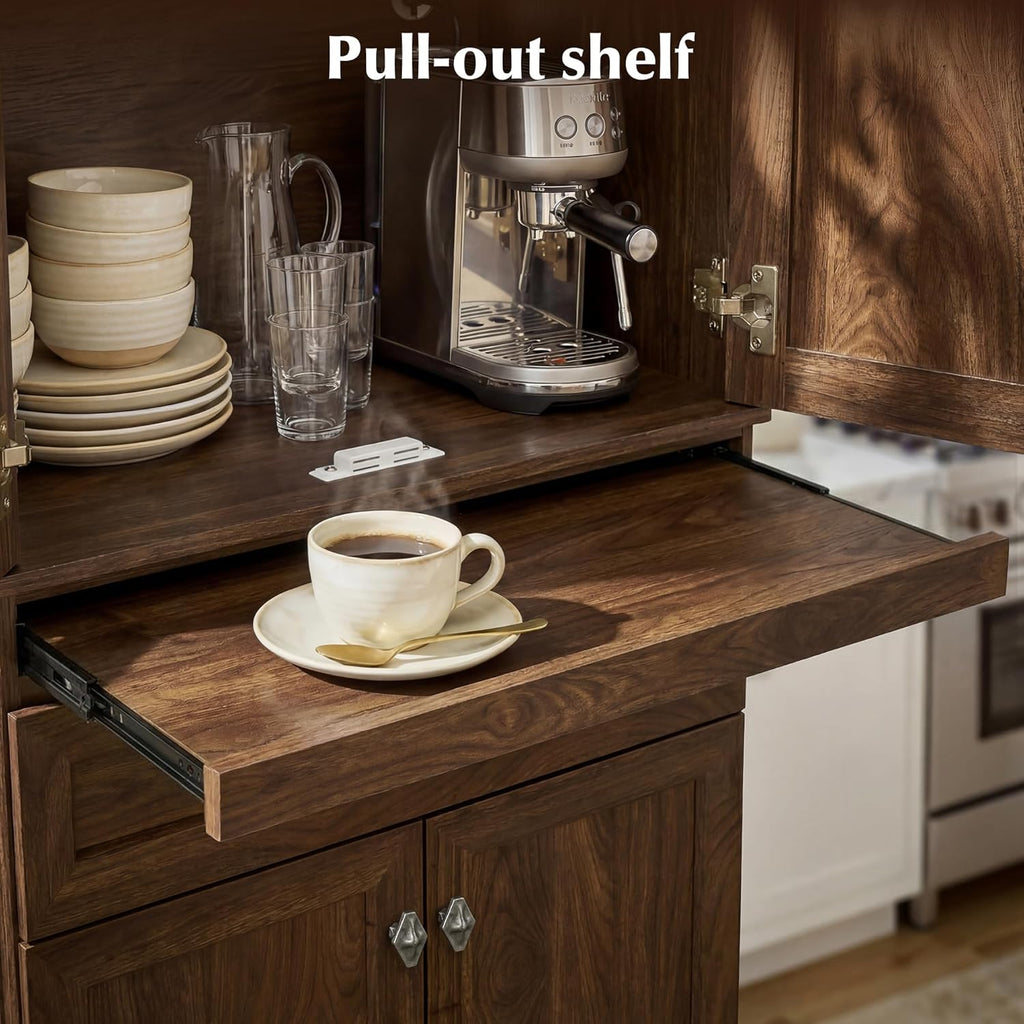 72.2" Tall Kitchen Pantry Cabinet with Doors, Farmhouse Storage Cabinet with Charging Station & LED Light, Drawer, Adjustable Shelves and Pull-Out Shelves, Walnut Wood Pantry Cupboard for Dining Room