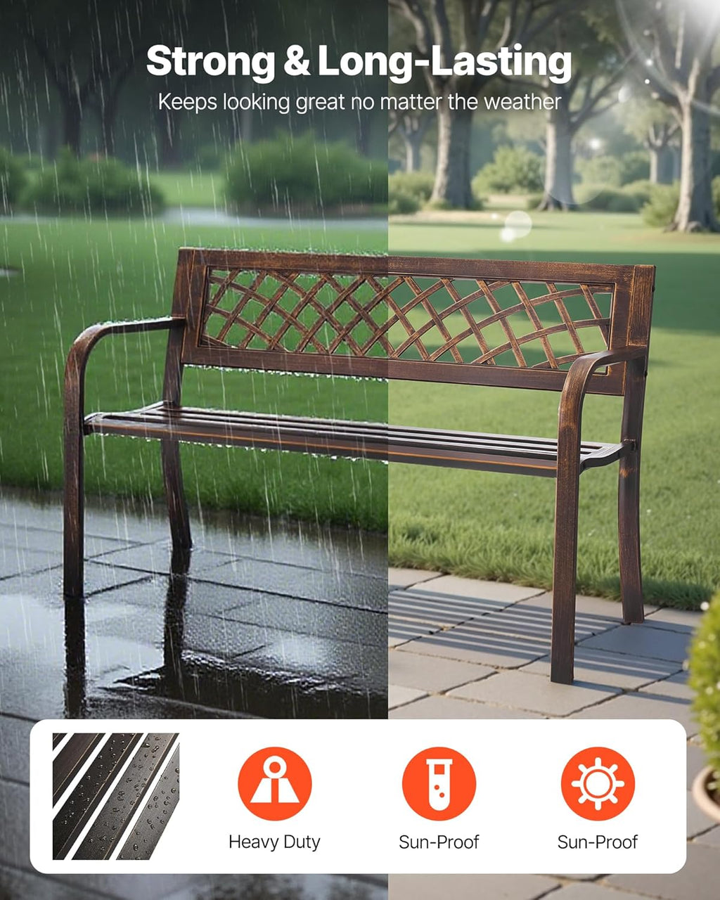 VEVOR Outdoor Bench, 46 inch, Carbon Steel Metal Frame with PVC Mesh Pattern Backrest and Round Edge Armrests, Weatherproof Outside Bench for Patio, Garden, Park, Yard, Front Porch, Antique Bronze