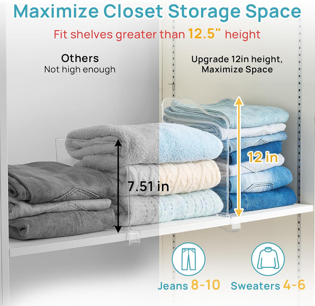 Vtopmart 12 Pack 12in Height Shelf Dividers for Closet Organization, Clear Plastic Closet Shelf Dividers of Upgrade 12in for Maximizing Vertical Space Storage, Organizing Sweater, Jeans, Shirts, Bags