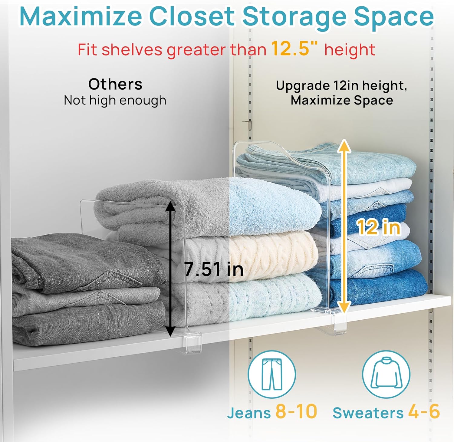 Vtopmart 12 Pack 12in Height Shelf Dividers for Closet Organization, Clear Plastic Closet Shelf Dividers of Upgrade 12in for Maximizing Vertical Space Storage, Organizing Sweater, Jeans, Shirts, Bags