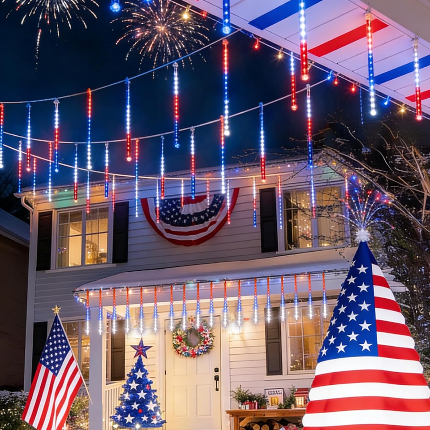 10 Set 12" 240 LED Meteor Lights with Built-in Connectors – Red, Blue, White for Nation Day