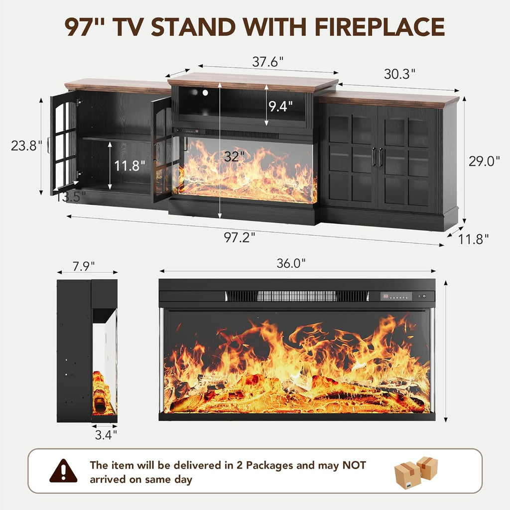 oneinmil 97" Entertainment Center with 36" Electric Fireplace, Farmhouse Fireplace TV Stand for TVs up to 100", Large Media Console Table with LED Lighting & Storage Cabinets, for Living Room, Black