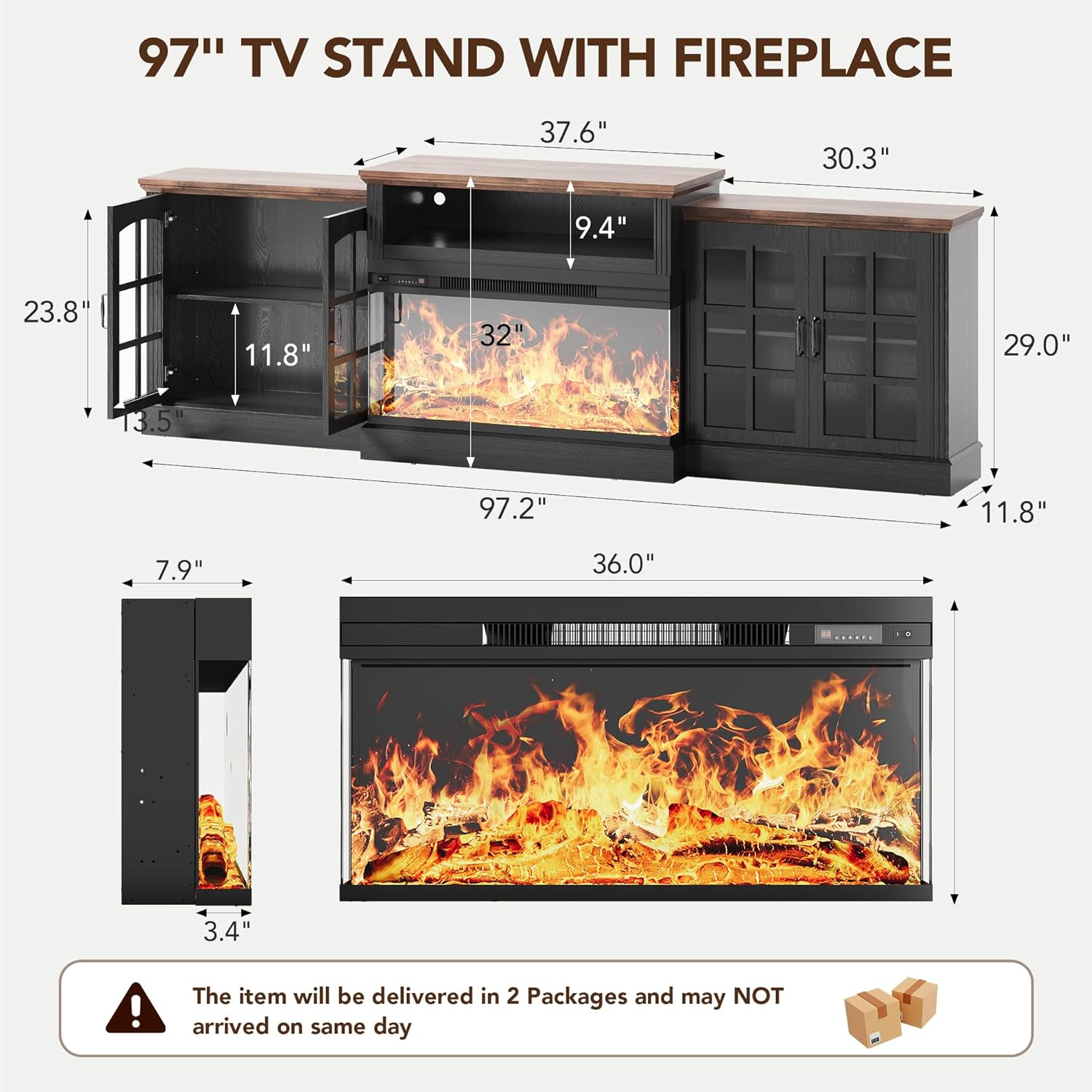 oneinmil 97" Entertainment Center with 36" Electric Fireplace, Farmhouse Fireplace TV Stand for TVs up to 100", Large Media Console Table with LED Lighting & Storage Cabinets, for Living Room, Black