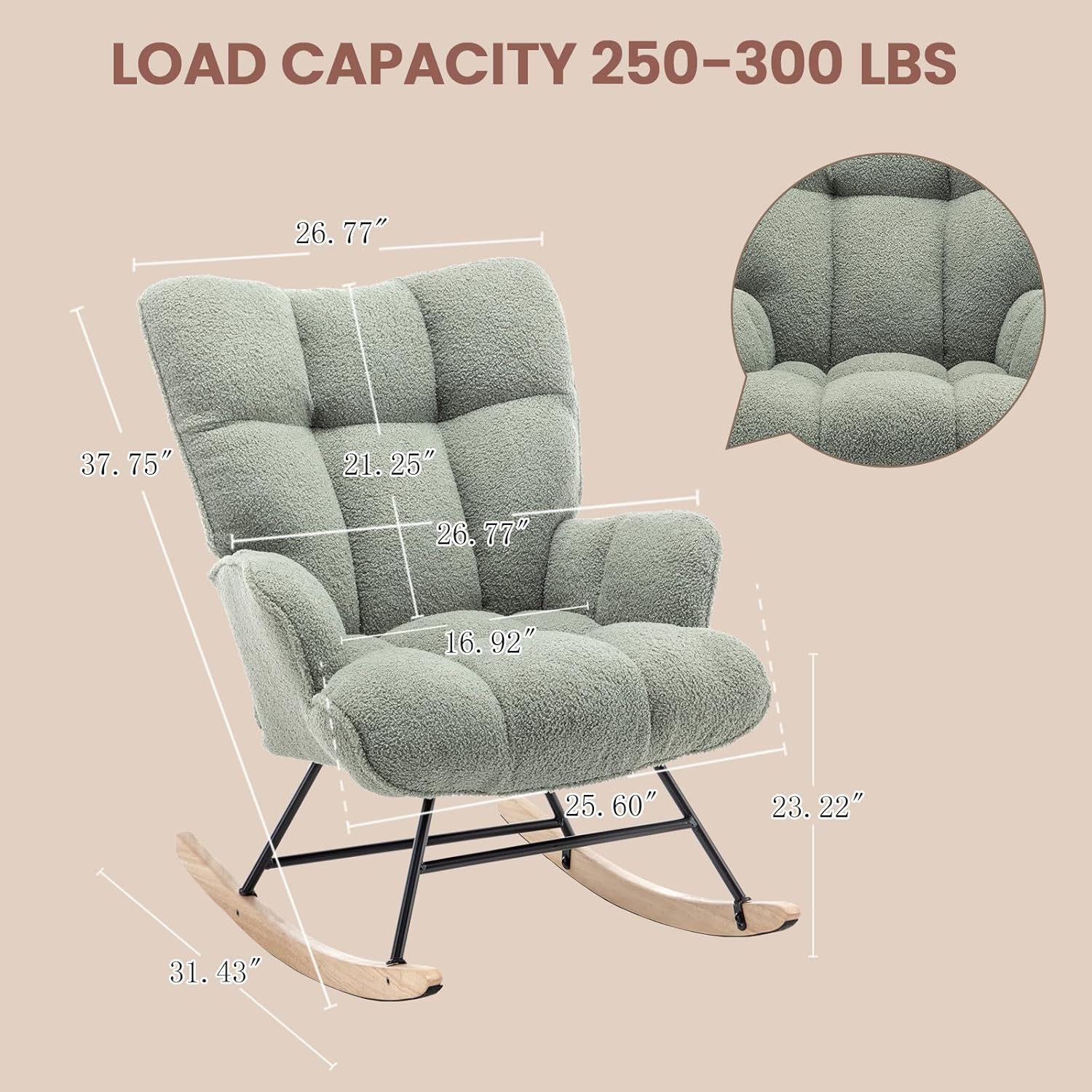 SAETSFEG Rocking Chair Nursery Teddy Upholstered Glider Rocker Small Rocking Chair Indoor Nursering Chair for Small Space Green