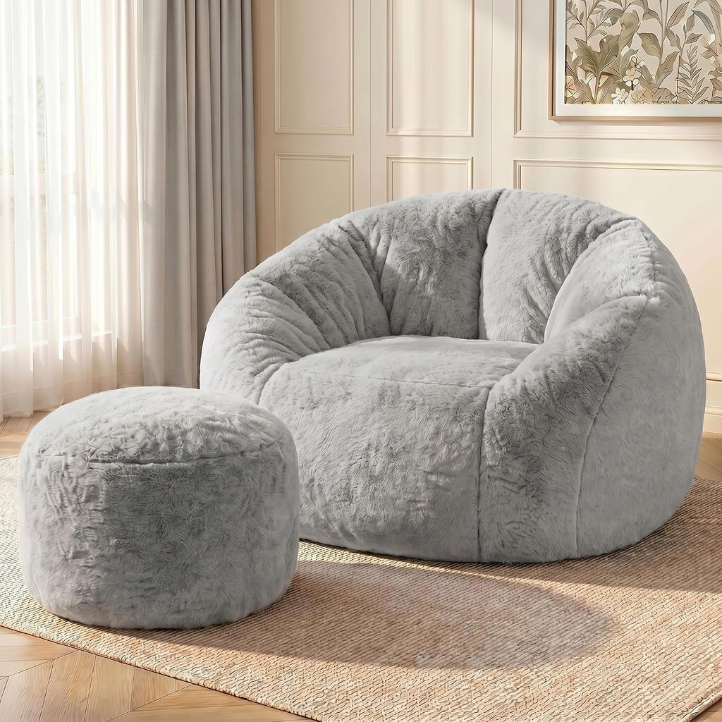 HABUTWAY Bean Bag Chair,Giant Shell-Shaped Bean Bag Couch w/Ottoman,Grey | Oversized Beanbag Chair with High Backrest, Softness and Comfort, No Assembly Required, for Living Room, Bedroom