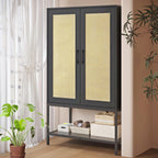 Wooden Wardrobe Closet, 2 Doors Rattan Almirah with Hanging Rail, Soft Hinge, Metal Leg and Bottom Storage Shelf, Practical Closet Organizer for Bedroom (Black)
