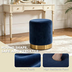 LSSBOUGHT Round Velvet Ottoman, 16" H Footrest Stool with Gold Metal Base, Modern Upholstered Vanity Stool for Living Room, Bedroom, Entryway (Blue, Set of 1)