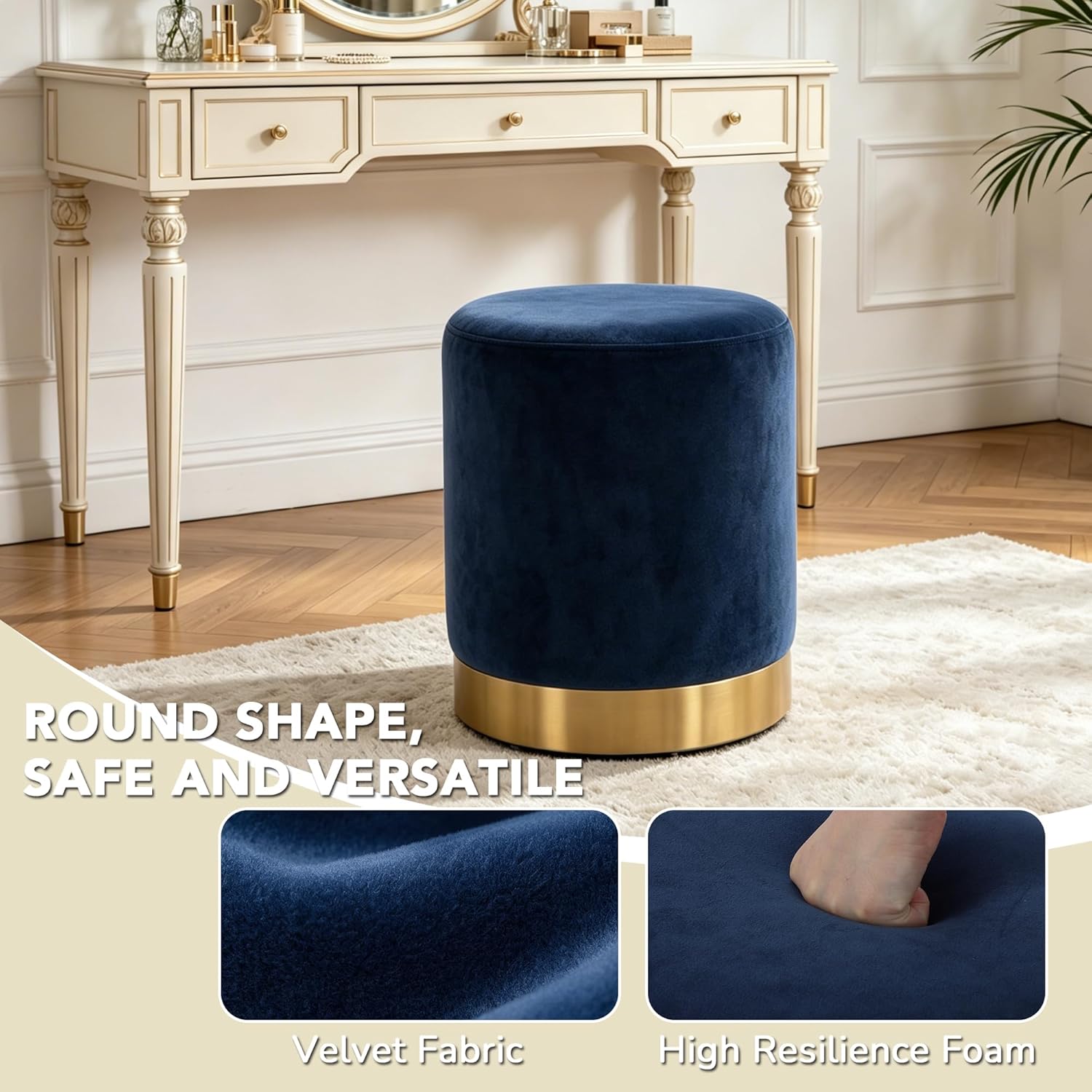 LSSBOUGHT Round Velvet Ottoman, 16" H Footrest Stool with Gold Metal Base, Modern Upholstered Vanity Stool for Living Room, Bedroom, Entryway (Blue, Set of 1)