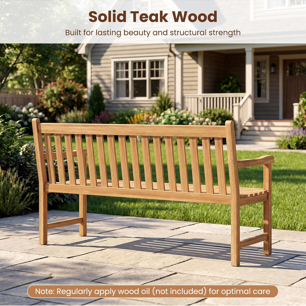 Tangkula 62" Teak Wood Outdoor Bench, 3-Seat Solid Wood Garden Patio Bench with Armrests and Backrest, Wooden Outside Porch Bench Seating Furniture for Backyard, Balcony and Park (62")