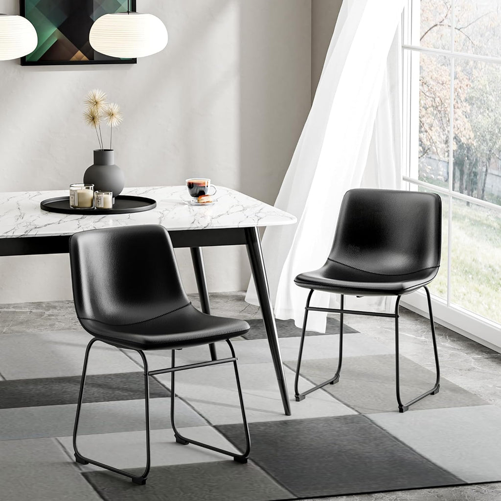 Dining Chairs Set of 6, 18 Inch Kitchen Chairs with Back, Faux Leather Armless Dining Room Chairs with Metal Legs for Home, Bistro Coffee Shops (Black)