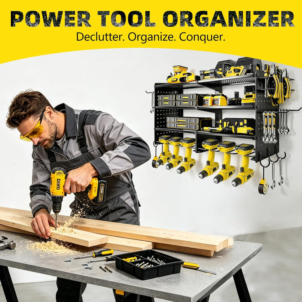 Power Tool Organizer Wall Mount, 4 Tier Heavy Duty Tool Storage Rack, 400 LBS Capacity with Drill Tools Holder & Hooks, Tool Organizers and Storage for Garage, Warehouse, Workshop, Gifts for Men