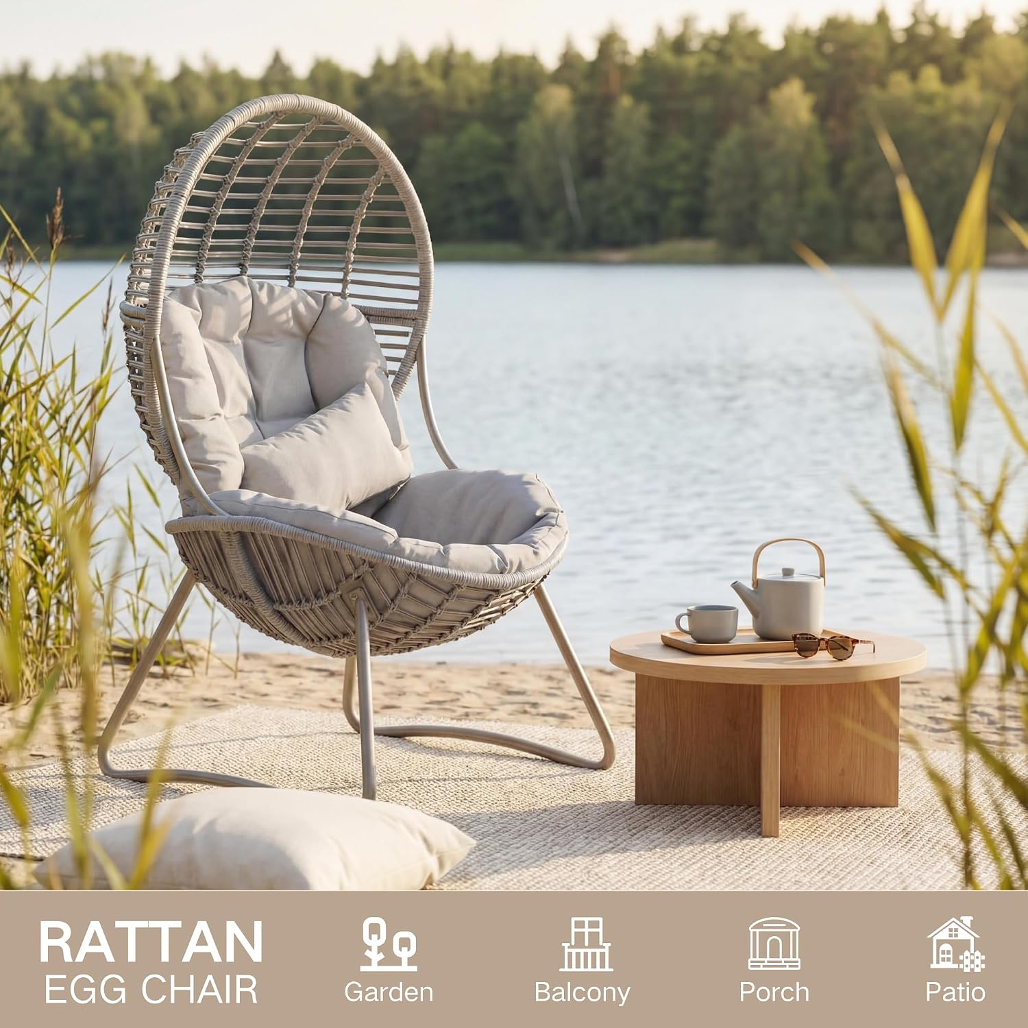 Kingdura Outdoor Wicker Egg Chair with Cushion, Oversized PE Rattan Chair, All-Weather Patio Lounge Chair for Balcony Porch Lawn & Indoor, 440LBS Capacity (Beige)
