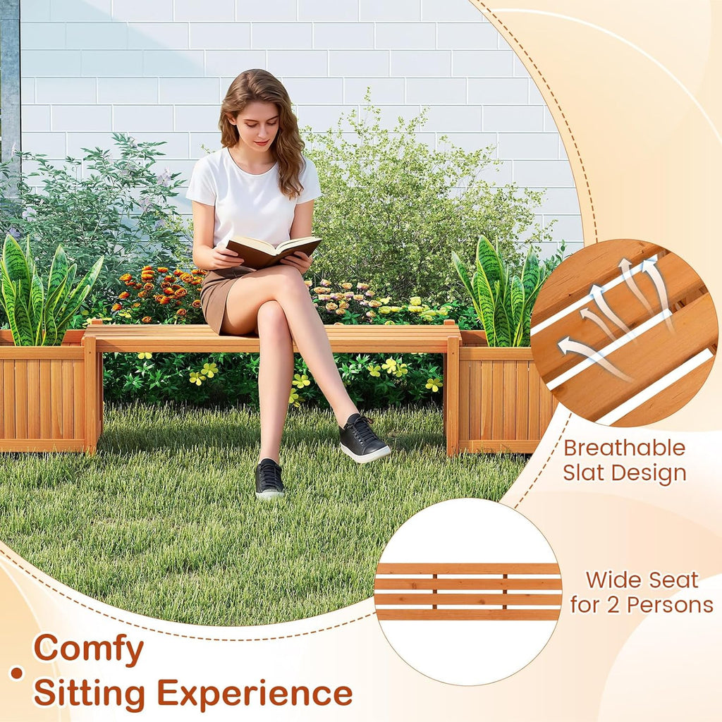 Planter Box Bench Outdoor, Wood Patio Bench with 2 Wood Planter Boxes, Raised Plant Container Garden Bench for Outdoor, Patio, Yard, Deck & Balcony