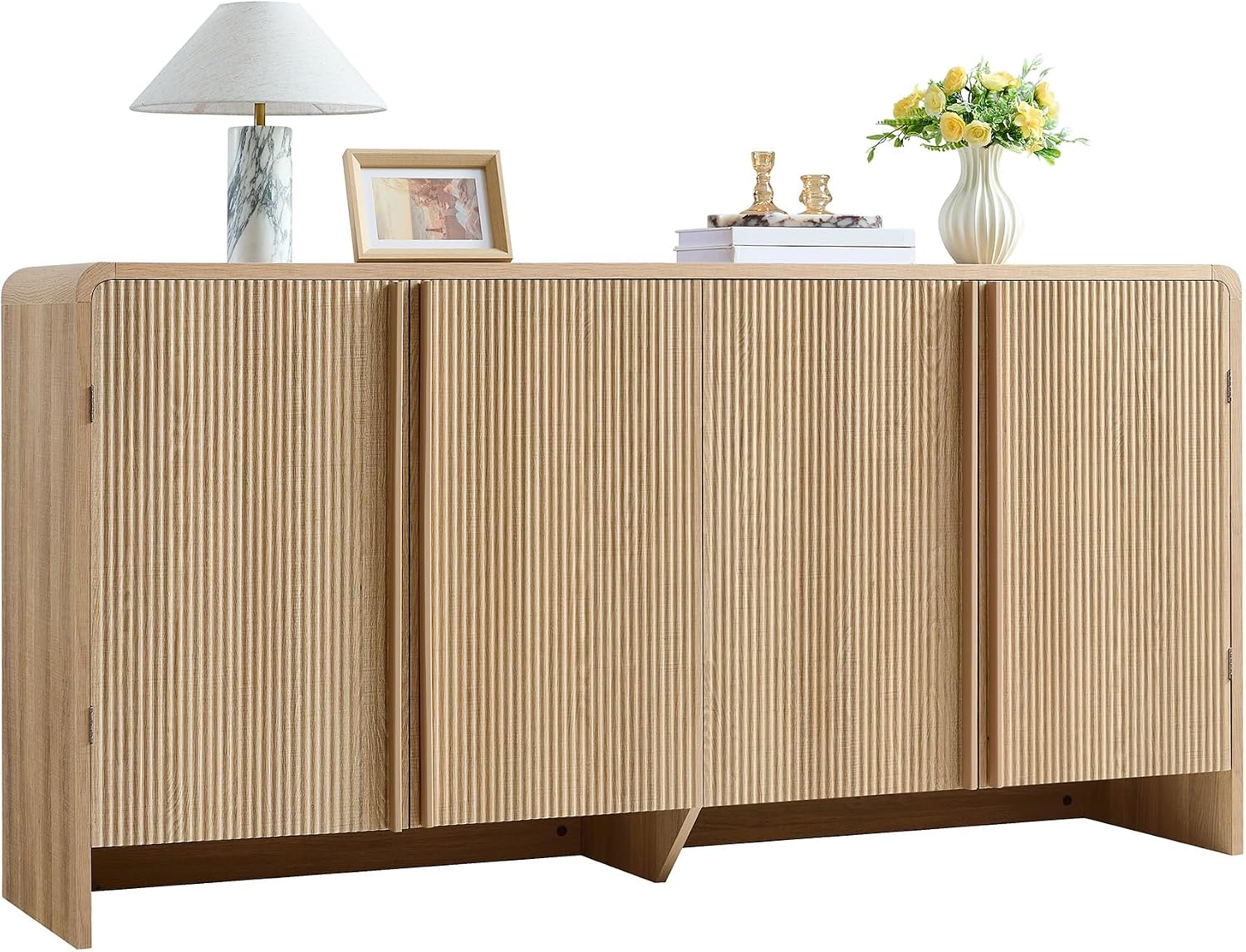 AMERLIFE 63" Fluted Sideboard Buffet Cabinet with Storage, Modern Credenza Console with 4 Doors & Adjustable Shelves, Wood Coffee Bar for Kitchen, Living Room, Hallway, Natural Oak