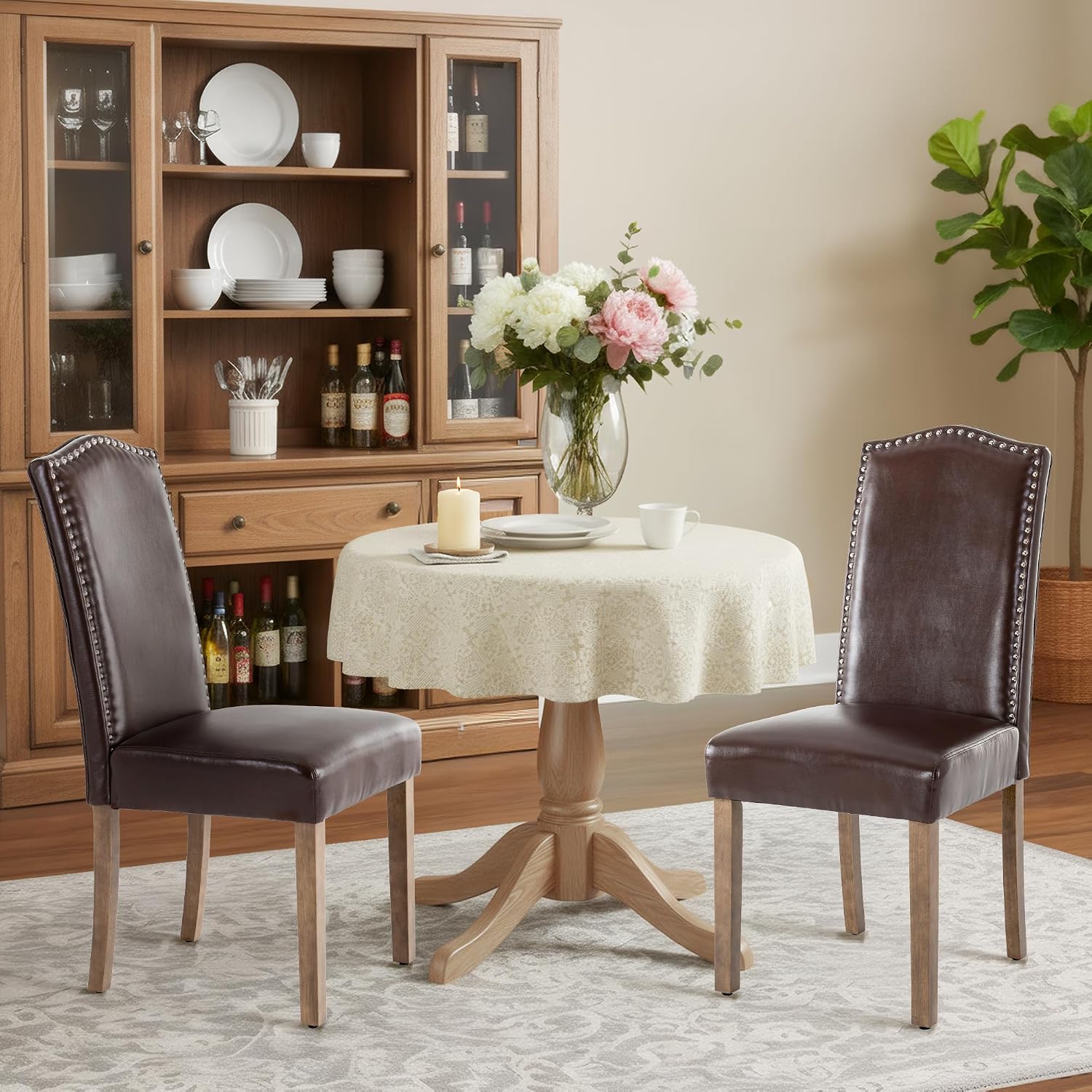 Upholstered Dining Chair Stylish Parsons Kitchen High Back with Silver Nailhead Trim & Wood Legs, 4-Pack, PU Dark Brown