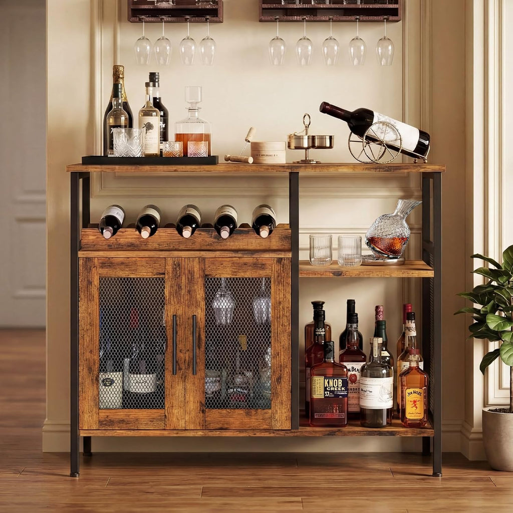 X-cosrack Wine Bar Rack Cabinet with Detachable Wine Rack, Coffee Bar Cabinet with Glass Holder, Small Sideboard and Buffet Cabinet with Mesh Door, Rustic Brown, Large