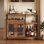 X-cosrack Wine Bar Rack Cabinet with Detachable Wine Rack, Coffee Bar Cabinet with Glass Holder, Small Sideboard and Buffet Cabinet with Mesh Door, Rustic Brown, Large