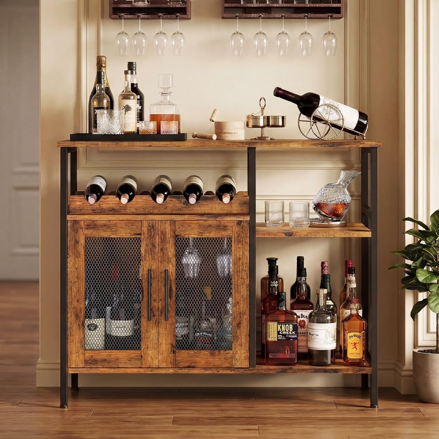 X-cosrack Wine Bar Rack Cabinet with Detachable Wine Rack, Coffee Bar Cabinet with Glass Holder, Small Sideboard and Buffet Cabinet with Mesh Door, Rustic Brown, Large