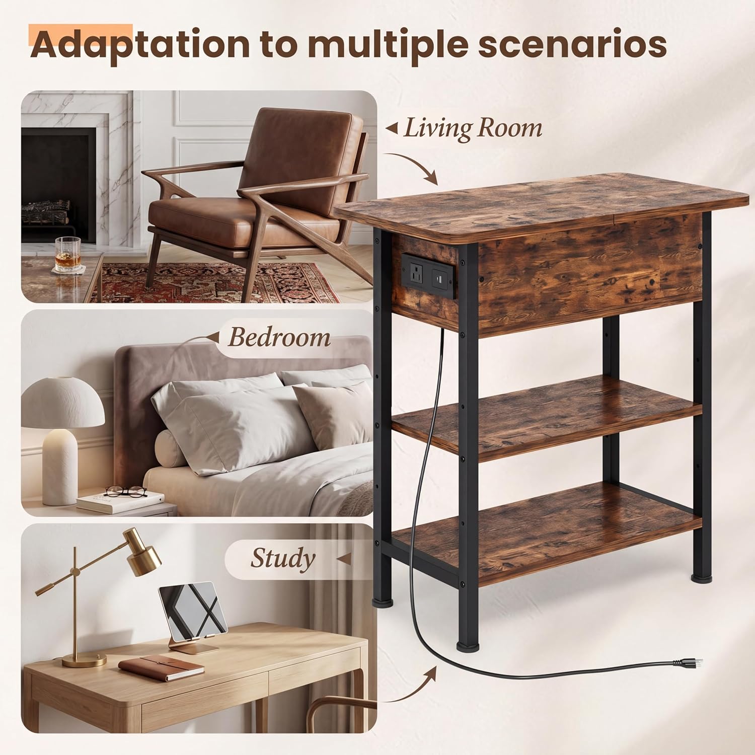 GRUSIGN End Table with Charging Station, Flip Top Side Table with USB Ports and Outlets, 3-Tier Small Side Table with Storage for Small Space, End Tables for Living Room/Bedroom, Black