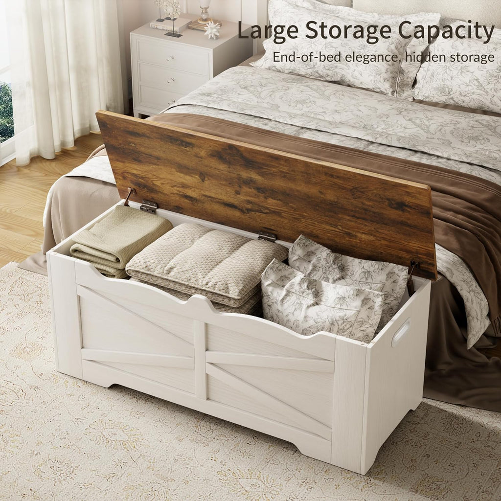 47.2" Wooden Storage Bench, Flip Top Trunk with 2 Safety Hinges, 300lbs Capacity, Multifunctional Entryway Bench for Hallway Bedroom Living Room, Blanket Organizer, White Walnut