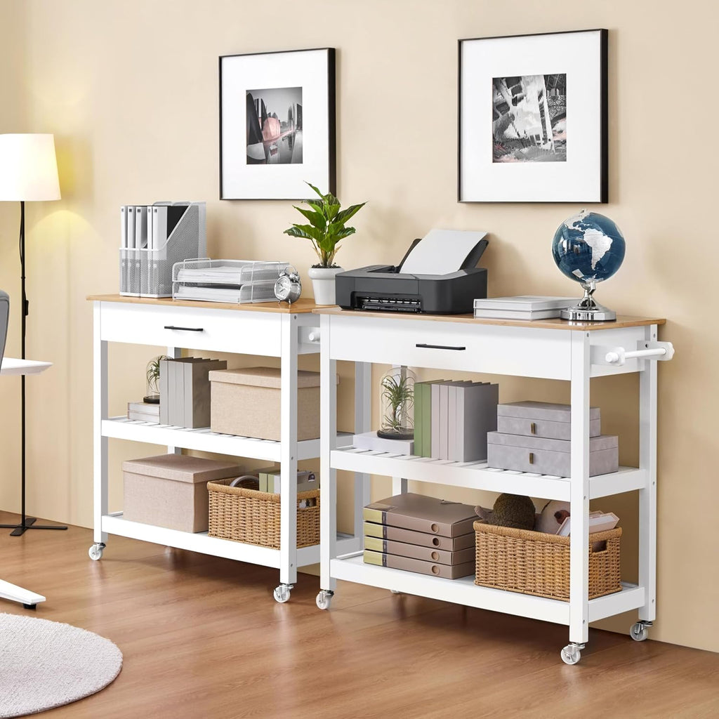 Yaheetech Kitchen Island Cart on Wheels with Bamboo Tabletop, 3-Tier Rolling Kitchen Island Microwave Cart with Drawer, Detachable Towel, 3 Hooks, 17" D x 37.5" W, White