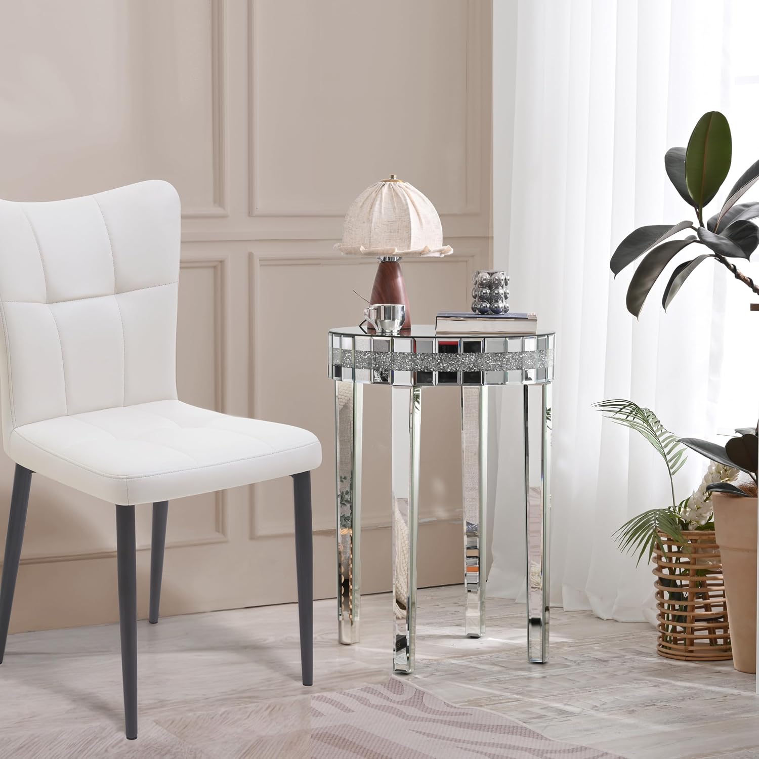 19.7" Mirror Side Table Round End Table with Crushed Diamond and Glass Top, Silver Coffee Table for Living Room, Bedroom, Sofa, Corner