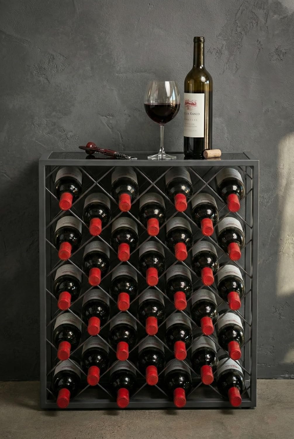 Mango Steam 32 Bottle Gray Wine Rack with Gray Glass Top Shelf, Free Standing for Home, Kitchen and Bar