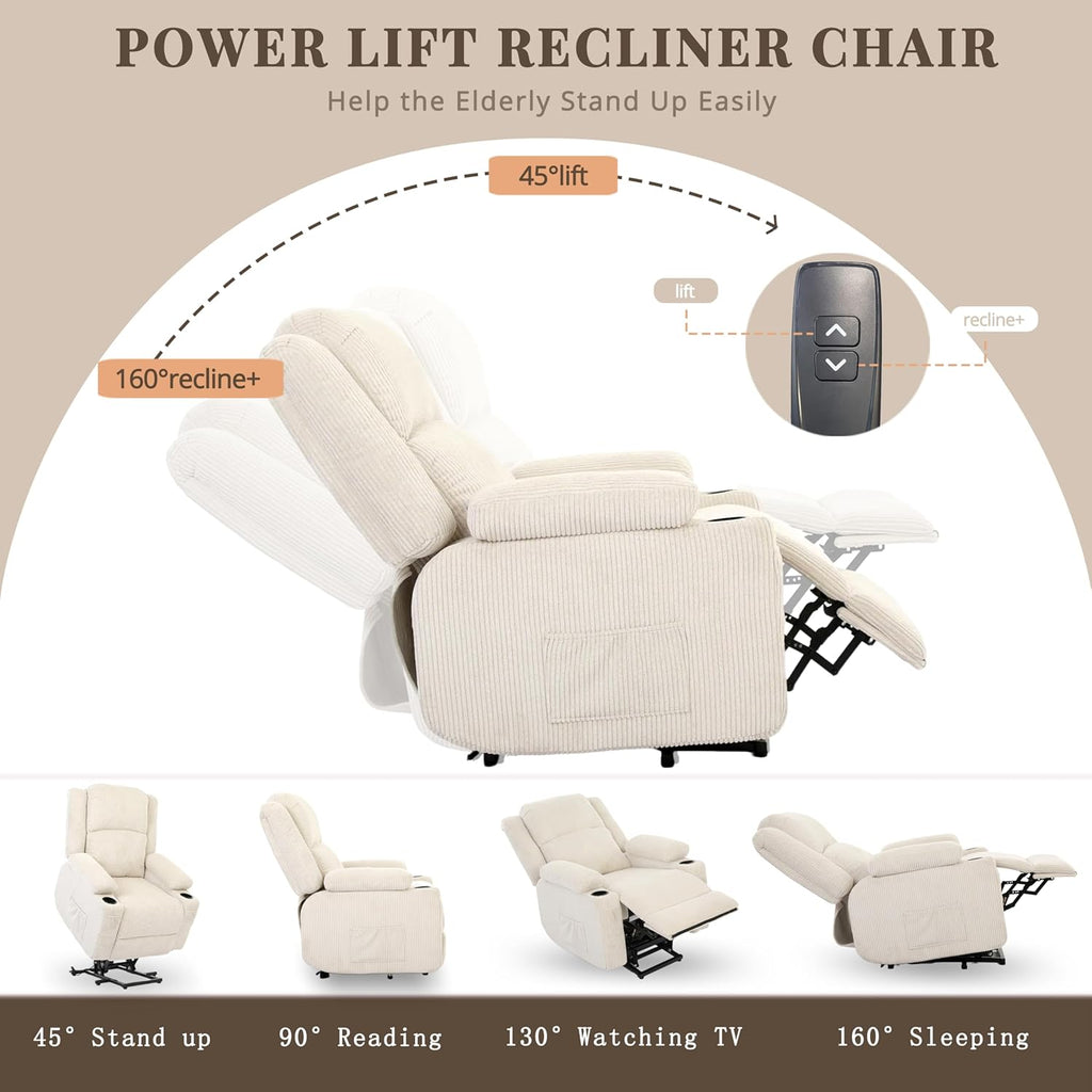 Heavy Duty Power Lift Recliner Chair for Elderly, 400lbs Capacity Massage and Heat Recliner, Soft Corduroy 160° Reclining Electric Stand Up Chair, USB & Type-C, Memory Foam, Cup Holders