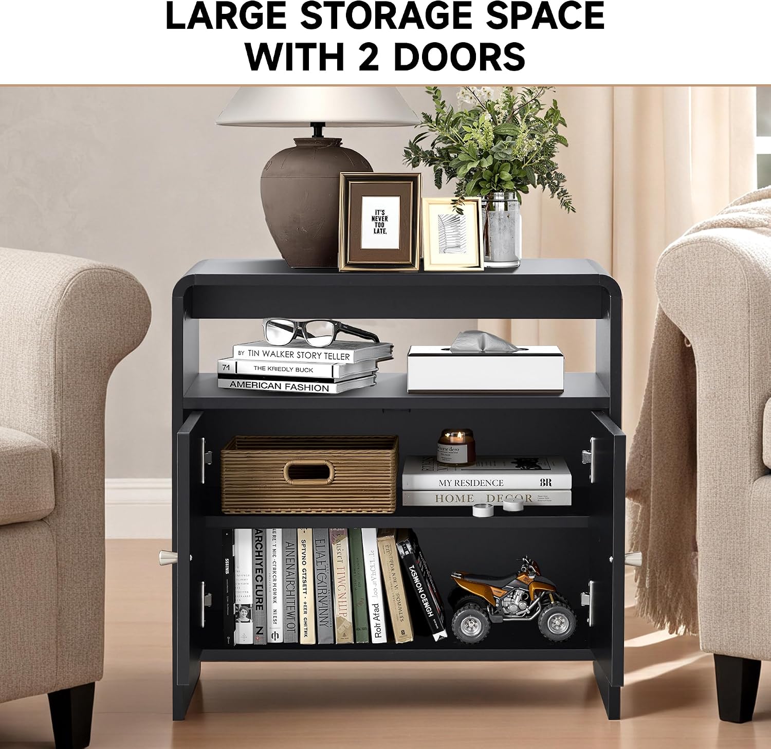 23.6" Modern Black Nightstand Set of 2 with Chariging Station 2AC+USB+Type-C, Classic Striped Side Table with Door+Storage Shelf, Rectangle End Table for Living Room, Bedroom (2, Black)