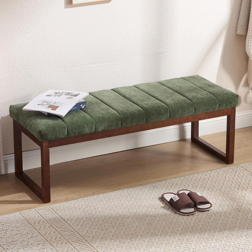 53.2" Upholstered End of Bed Bench, Modern Chenille Fabric Bedroom Bench with Cushion, Padded Dining Bench Entryway Bench with Solid Wood Frame for Bedroom, Living Room, Green