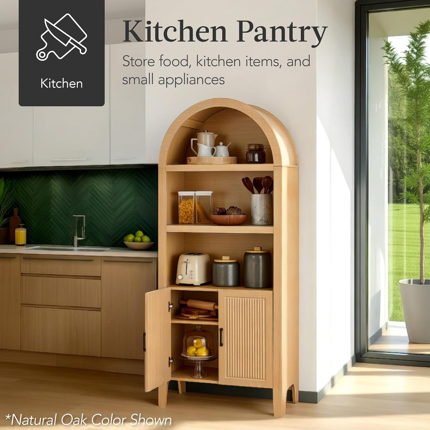 Best Choice Products 72" Tall Arched Pantry Cabinet w/Reeded Doors, 5-Tier Bookshelf, Armoire, Hutch, Bookcase, Storage Cabinet w/Adjustable Shelves, for Dining Room and Livingroom - Black Oak