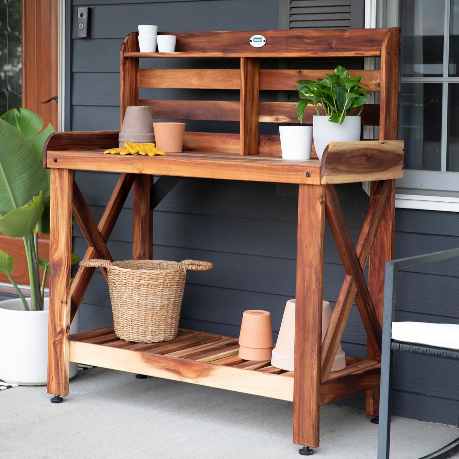 Backyard Discovery 47" Acacia Wood Garden Potting Bench & Serving Bar with Lower Storage Shelf, Leveling Feet, All-Weather Farmhouse Design for Patio, Deck, Porch, Kitchen, Dining Room