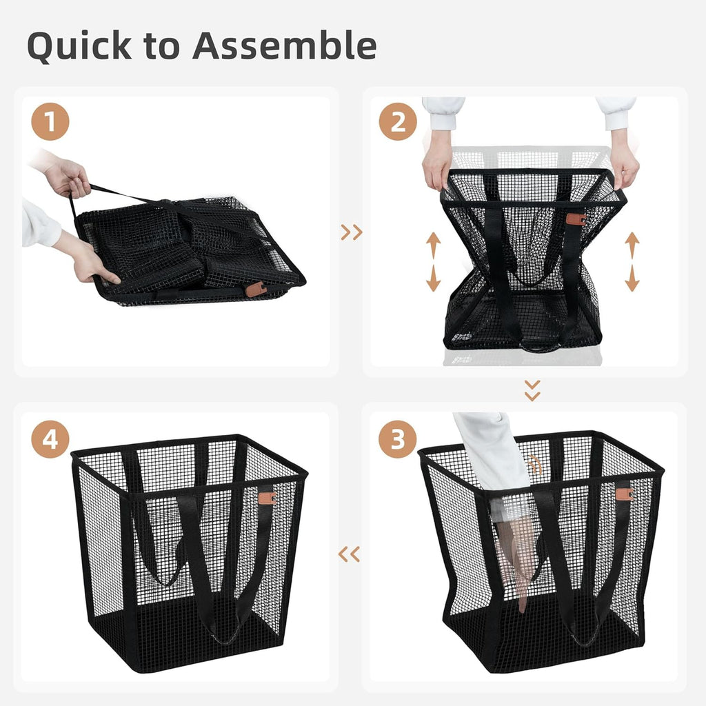 STORAGE MANIAC Collapsible Laundry Basket, 16.9 Gal. Large Pop-up Laundry Hamper with Long Carry Handles, Space-Saving Foldable Clothes Hamper with Bottom Elastic Band, Travel Laundry Bags, Mesh Black