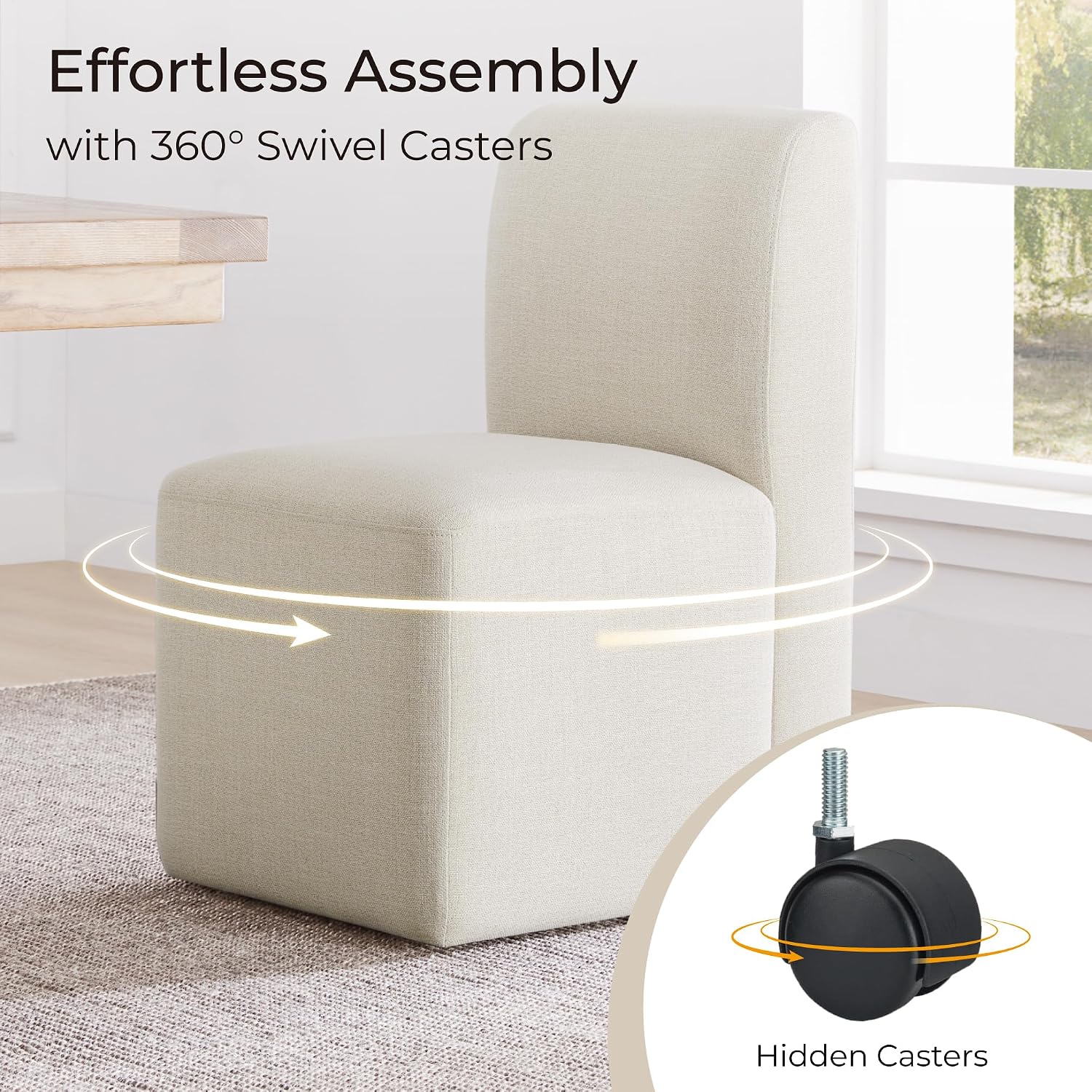 CHITA Dining Chairs with Casters Set of 4, FSC Certified Upholstered Armless Modern Rolling Dining Chairs with Rollers for Bedroom Reading Room Living Room, Fully Assembled, Linen