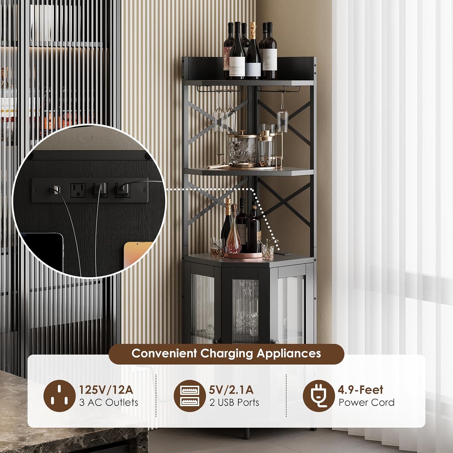 Airynee Corner Bar Cabinet with Power Outlet, 5-Tier Corner Wine Cabinet with Led Strip and Glass Holder, Industrial Tall Liquor Cabinet Bar Wine Rack for Home，Black
