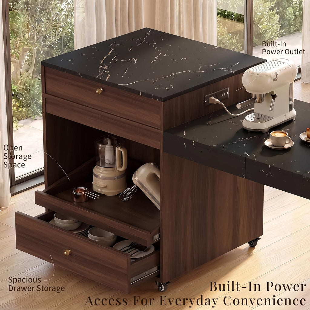79" Rolling Kitchen Island with 3-Stage Extendable Table, Walnut | Power Outlet, Drawers, Storage Cabinet, Spice Rack, Locking Wheels, Modern Farmhouse Style, Small Kitchen, Dining Room