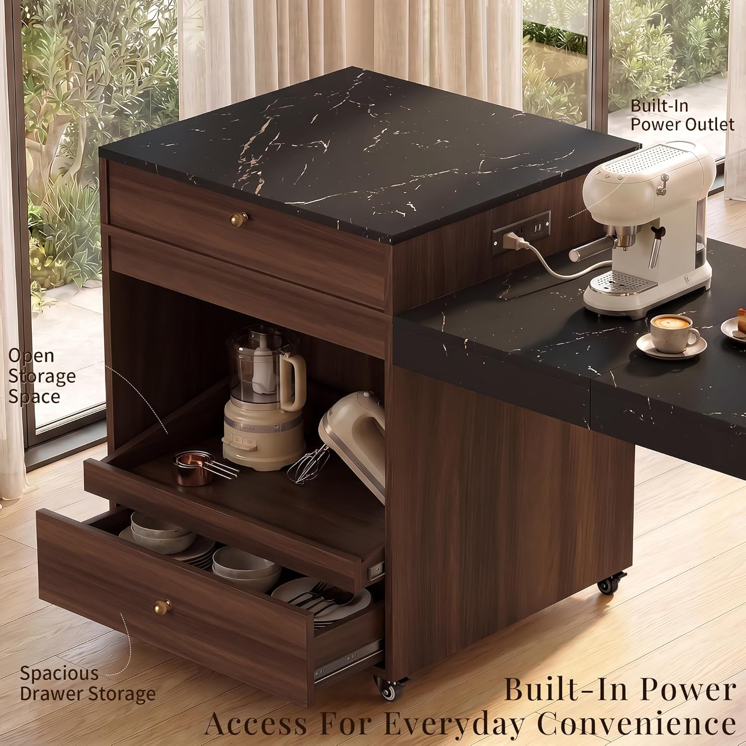79" Rolling Kitchen Island with 3-Stage Extendable Table, Walnut | Power Outlet, Drawers, Storage Cabinet, Spice Rack, Locking Wheels, Modern Farmhouse Style, Small Kitchen, Dining Room