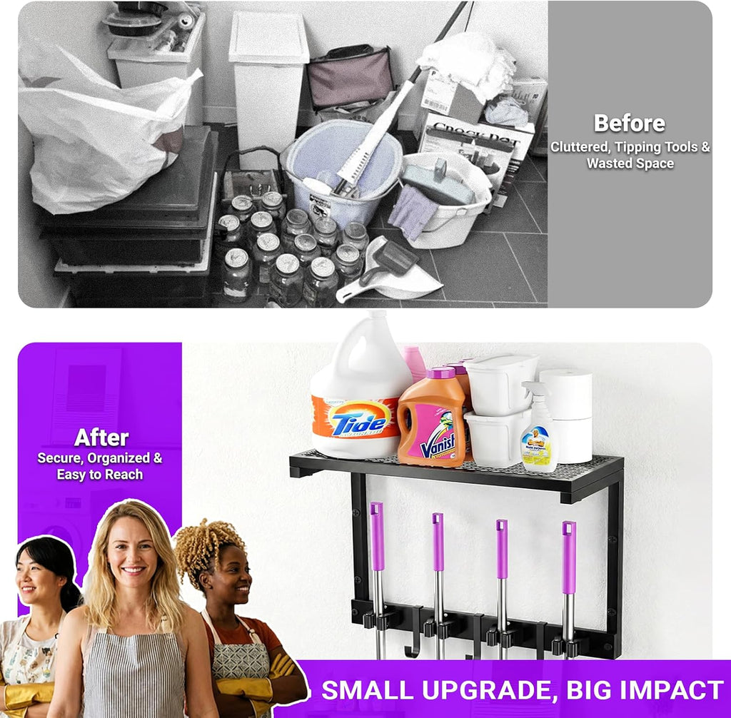 Heavy Duty Broom Holder Wall Mount with Cleaning Supplies Organizer, Space-Saving Laundry Room Organization and Storage Shelves, All-Metal Mop Hanger Broom Rack with Hooks, Garage Organizer Shelf