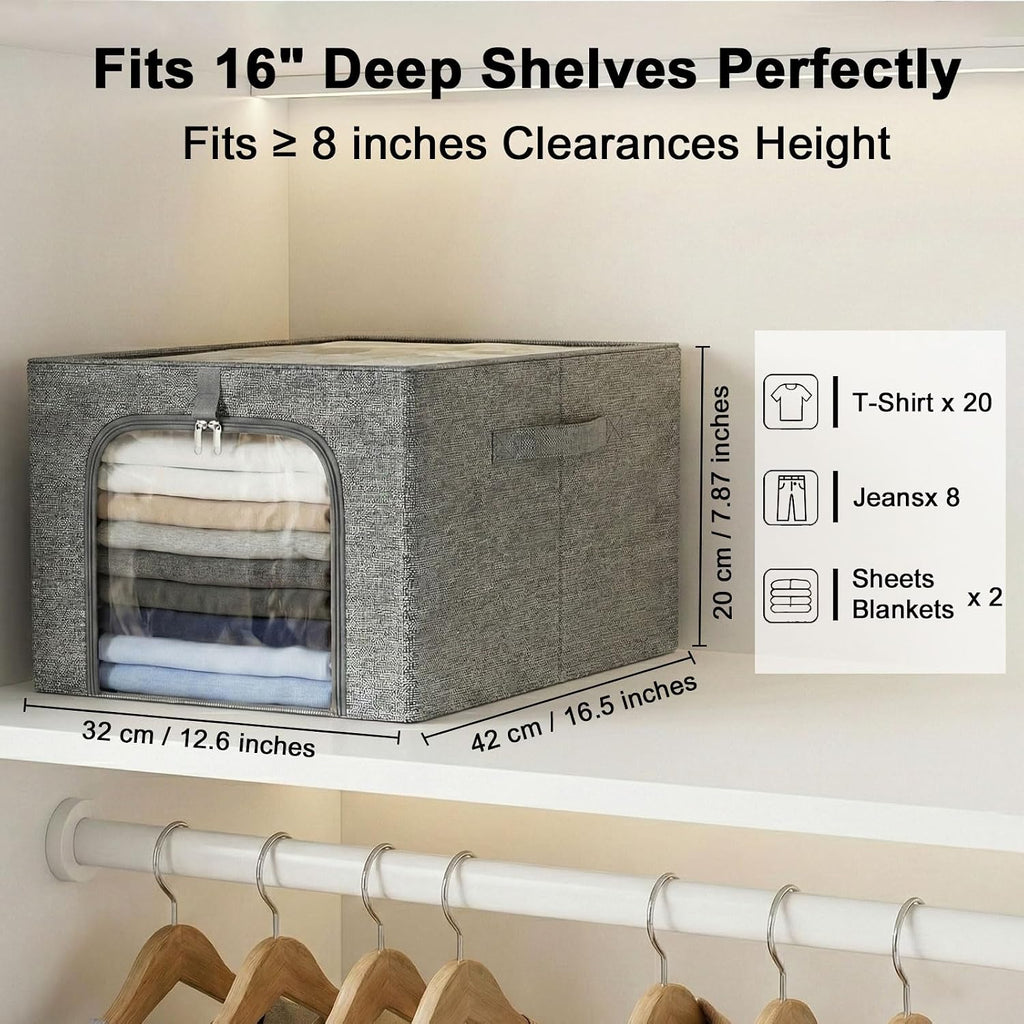 GoMaihe Clothes Storage Bins Metal Frame: 3-Pack Compact Stackable Closet Storage Bin with Lid & Clear Window, Space Saving Organizer for Sweaters Kids Clothes (Dorm/Closet 27L)