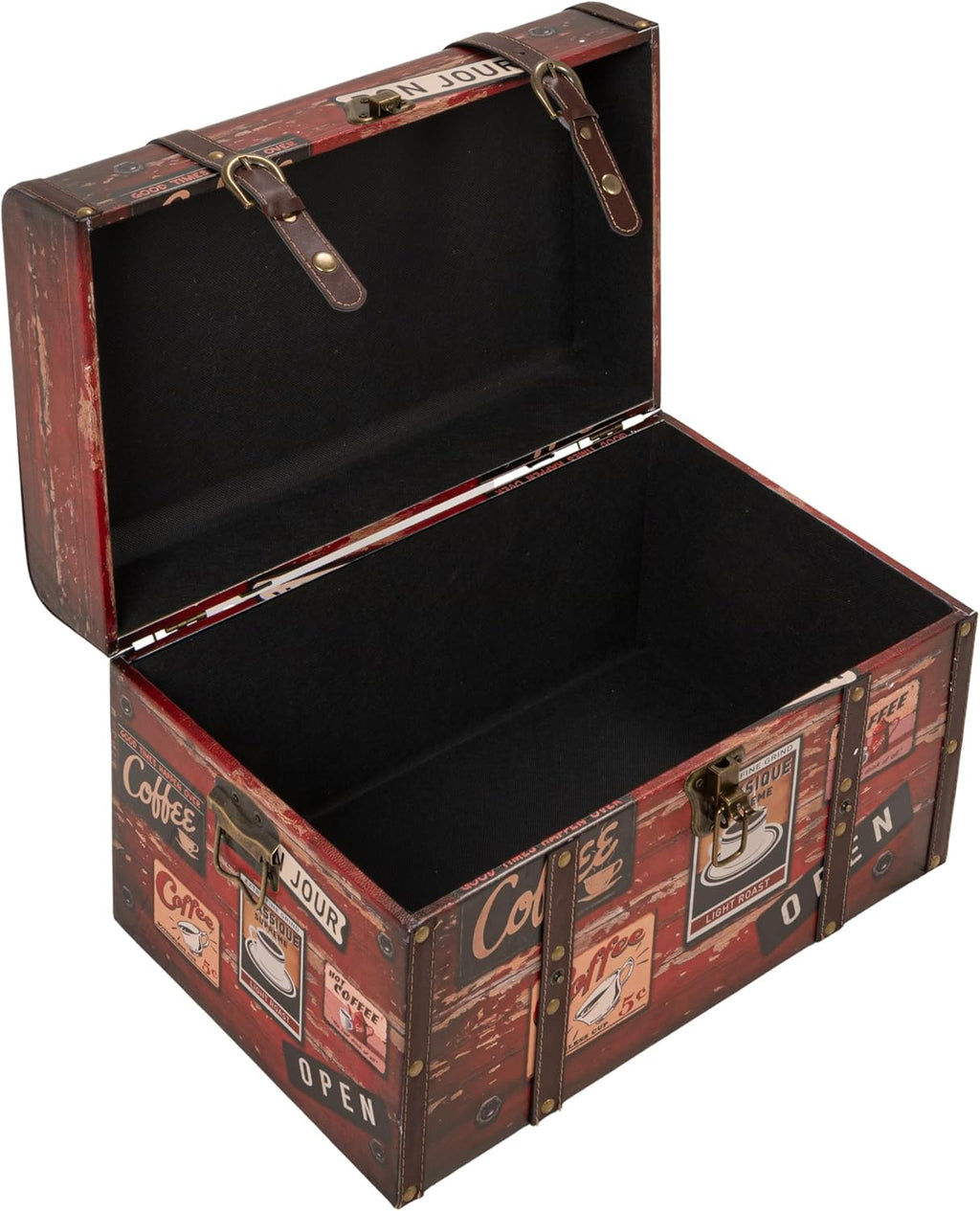 Household Essentials Medium Decorative Storage Trunk Faux Decoupage with Leather and Metal Accents, Antique Brown