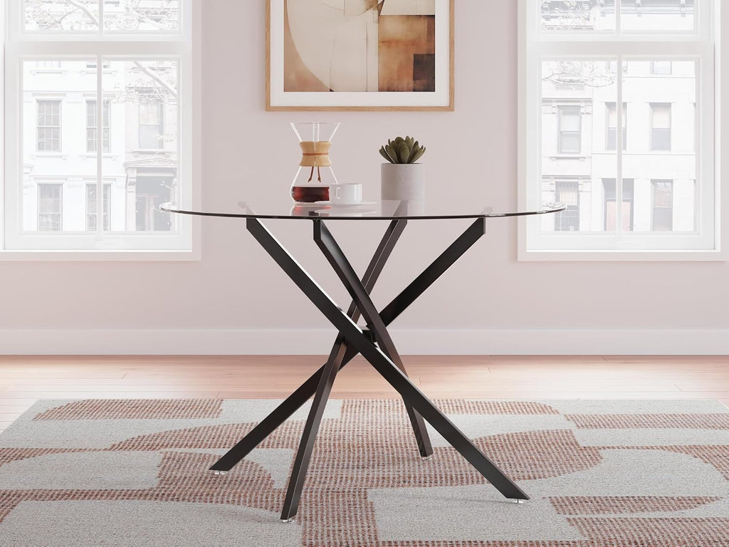 Signature Design by Ashley Pharwynn Modern Glass Tabletop Dining Table with Cross-Shaped Base, Black